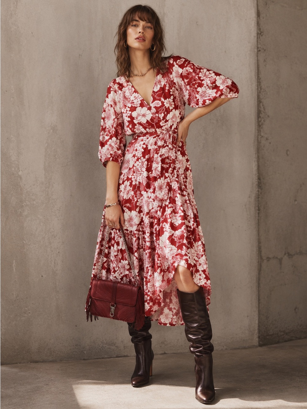 NWT REBECCA MINKOFF Mary Wrap Up Tie Floral Flowy Midi Dress MEDIUM